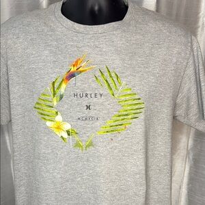 Hurley Premium Fit Men’s L Gray Short Sleeve T Shirt Palm Flower Logo Front